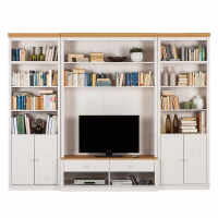 Kit com 3 estantes com portas nas laterais em Madeira Maciça – na cor branco lavado e mel | Coleção Biblioteca